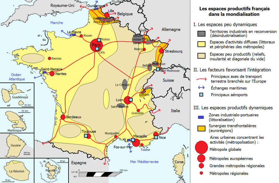 Commenter à l'oral une carte des espaces productifs français